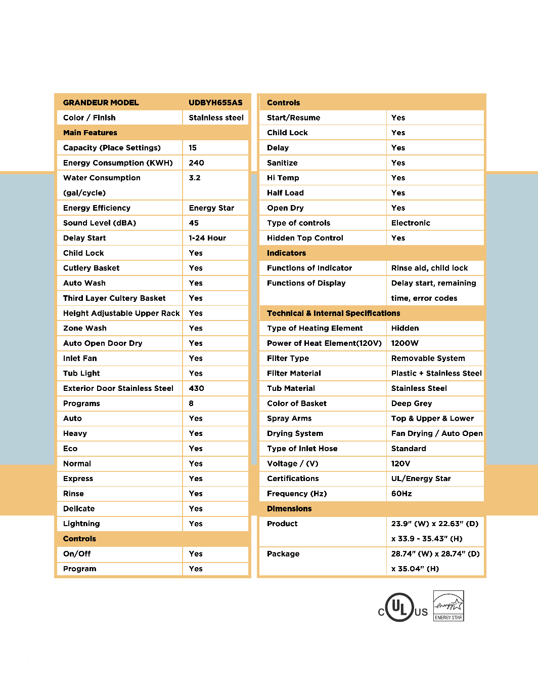 24" BUILT IN DISHWASHER UDBYH655AS