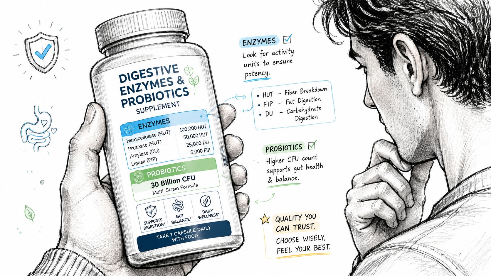 A hand holds a bottle of digestive enzymes and probiotics supplement while a man observes the label.