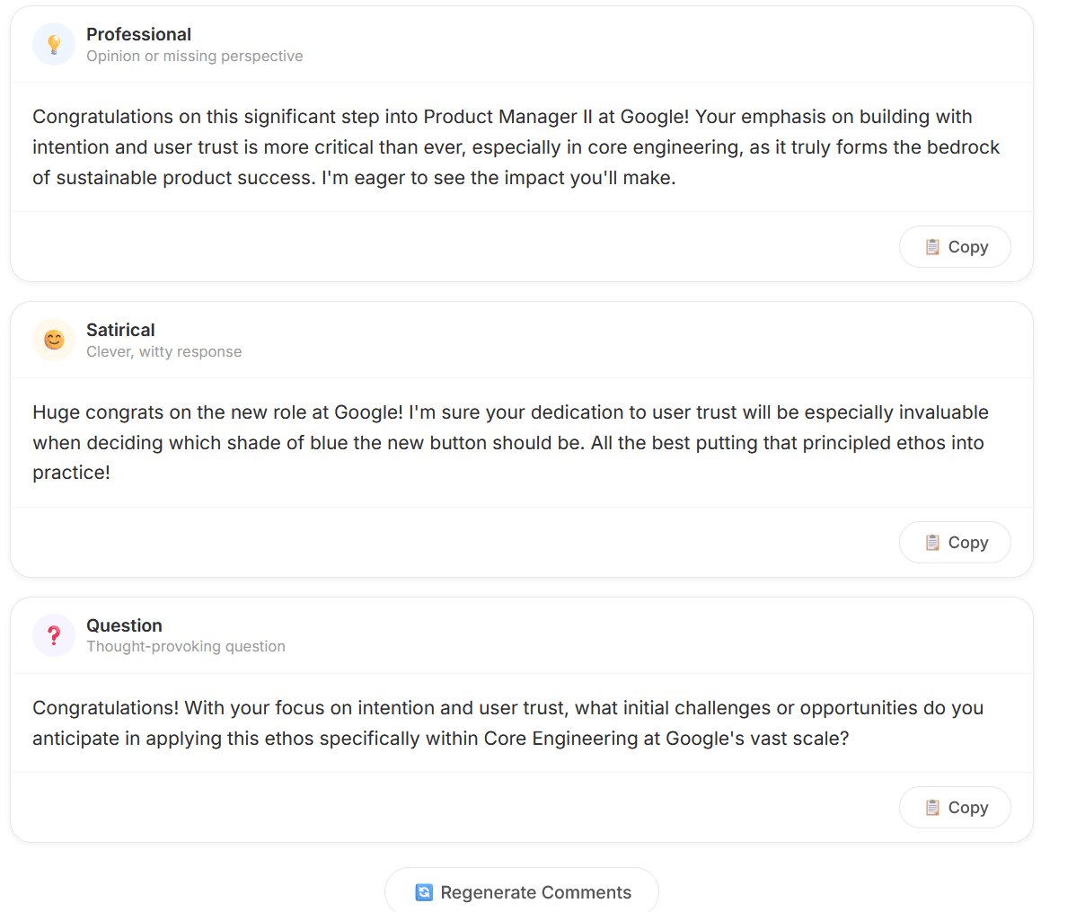 A screenshot of comments generated by MagicPost's LinkedIn Comment Generator