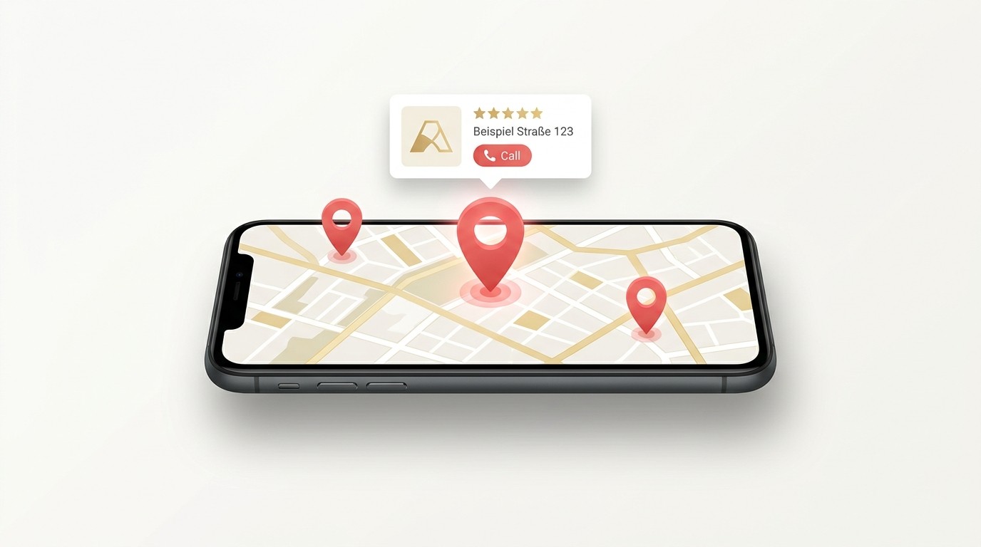Smartphone zeigt eine Kartenansicht mit drei Standort Pins und einer hervorgehobenen Vorschau Card eines lokalen Unternehmens mit Bewertung und Anruf Button