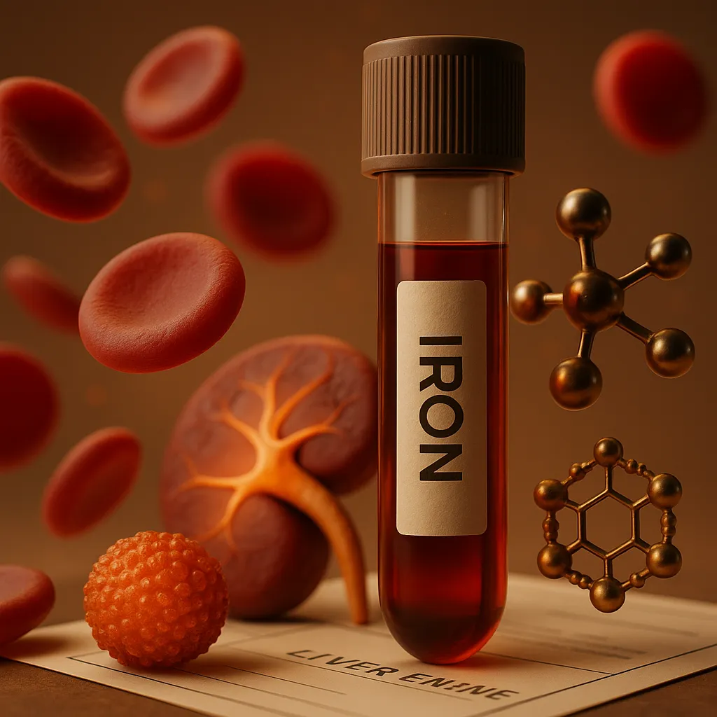 Blood tube labeled iron surrounded by red blood cells and a stylized iron molecule