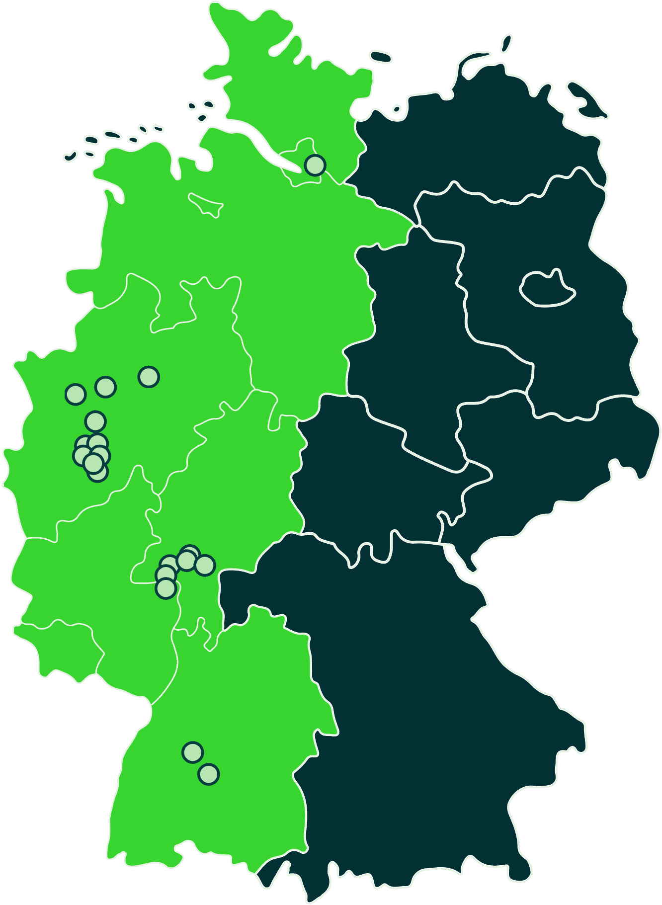 Deutschlandkarte mit markierten XTRAFIT Standorten im westlichen Teil des Landes.