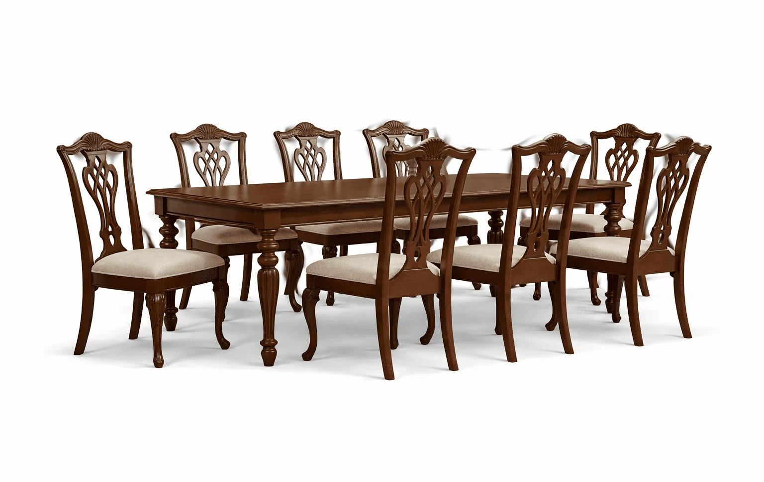Solid wood dining set with sculpted leg profiles and coordinated high‑back chairs