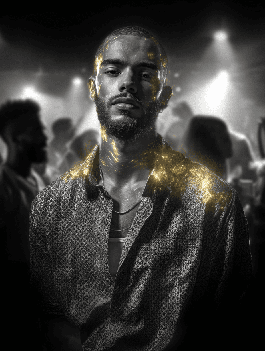 Man with gold accents and dramatic lighting, modern portrait aesthetic