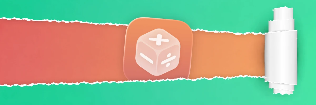 Numbio app icon — a frosted-glass die with plus, minus, and division symbols — revealed beneath torn paper.