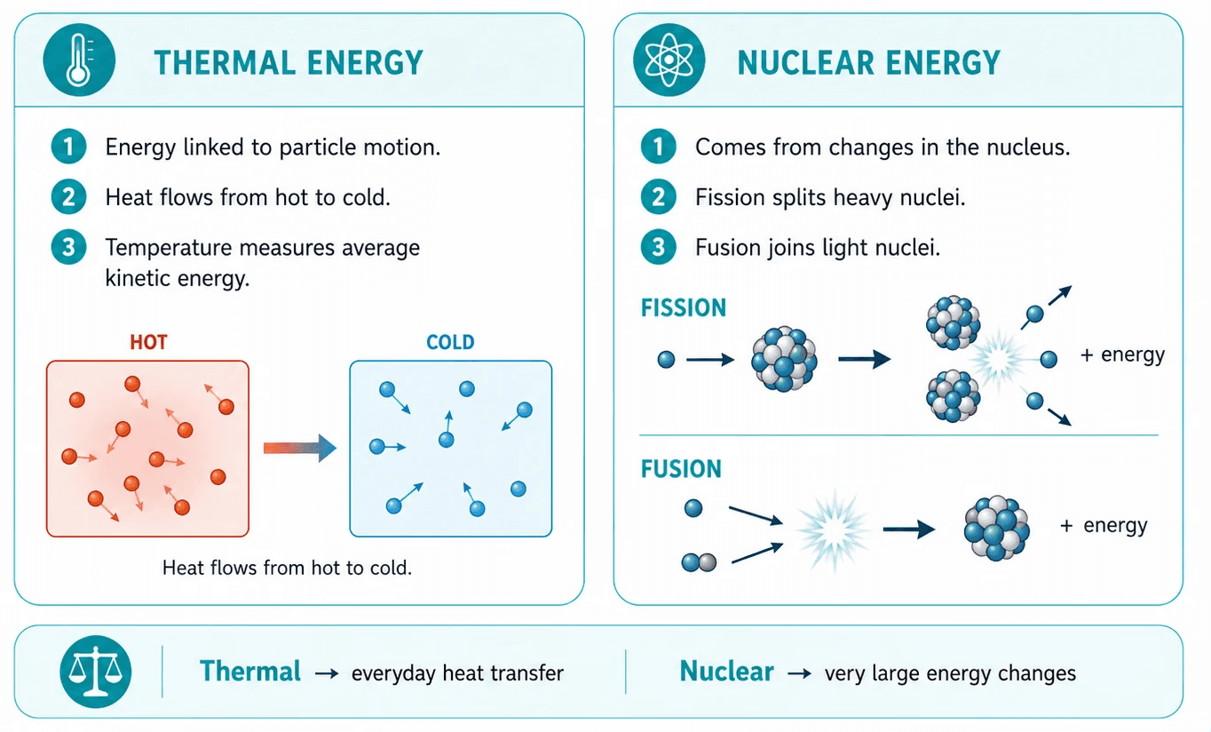 Thermal and nuclear energy infographic explaining heat transfer, fission, fusion, particle motion, and energy changes. This is for Grade 11 Physics