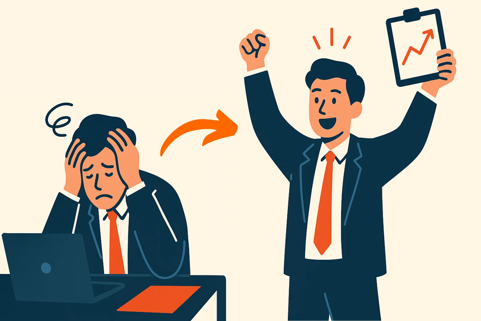 illustration-of-businessman-stressed-at-desk-transforming-into-celebrating-businessman-holding-chart-with-upward-arrow