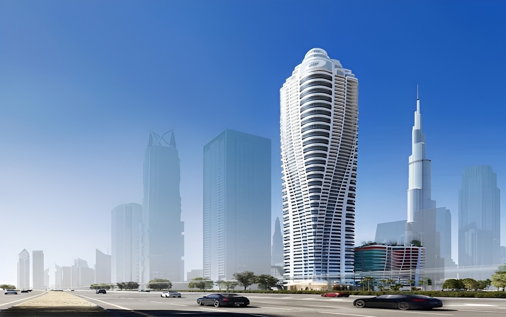 Rendering of the Damac Volta Elegance Tower, a tall building in an urban setting, showcasing modern architectural design.