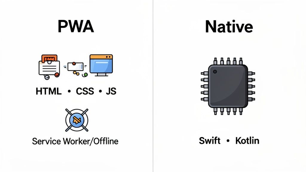 Comparison image of PWA (Progressive Web App) and Native app technologies and programming languages.