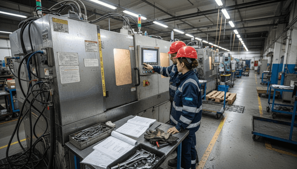 Gli operatori supervisionano il funzionamento dei macchinari di produzione.