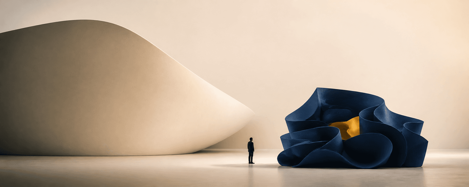 A large simple ivory form beside a smaller intricate blue form, illustrating why company size does not reveal complexity.