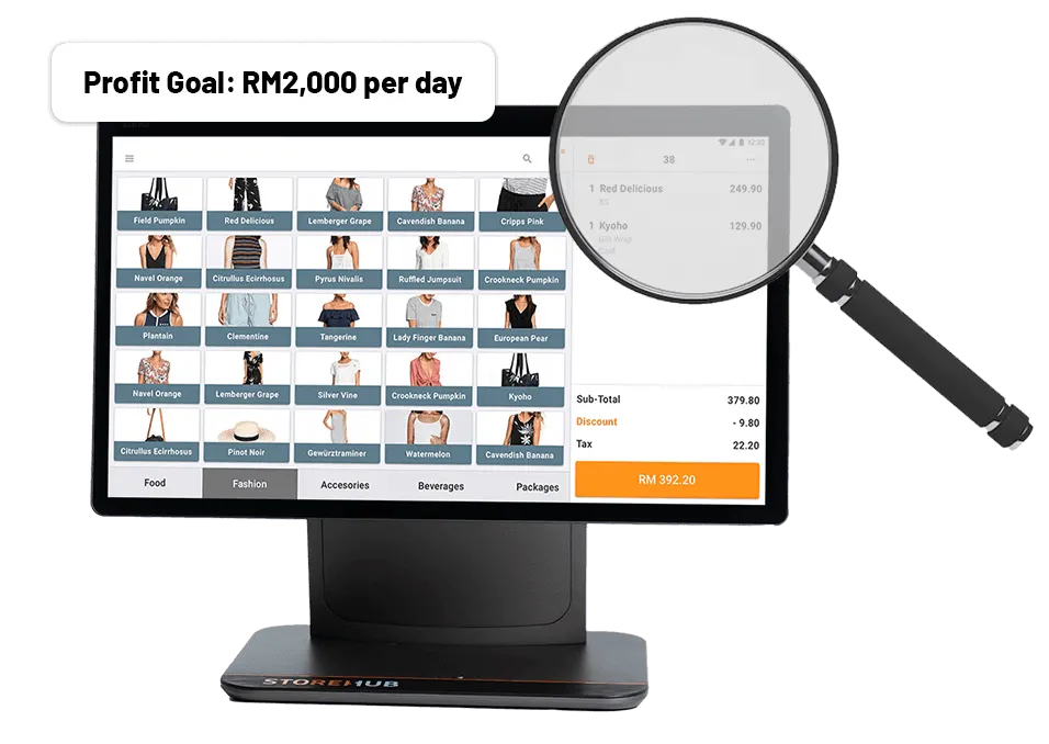 StoreHub enterprise POS system showing sales transactions, product catalogue, and daily profit tracking.