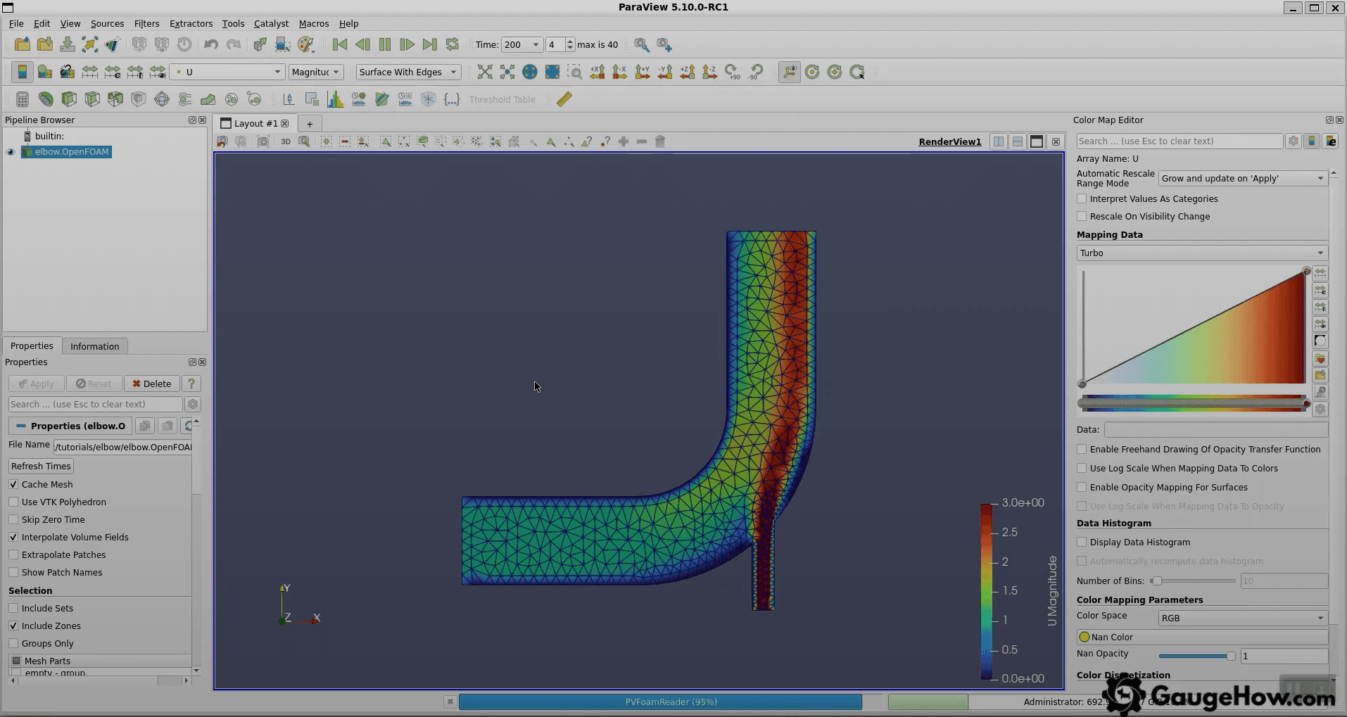 ParaView OpenFOAM velocity magnitude surface with edges