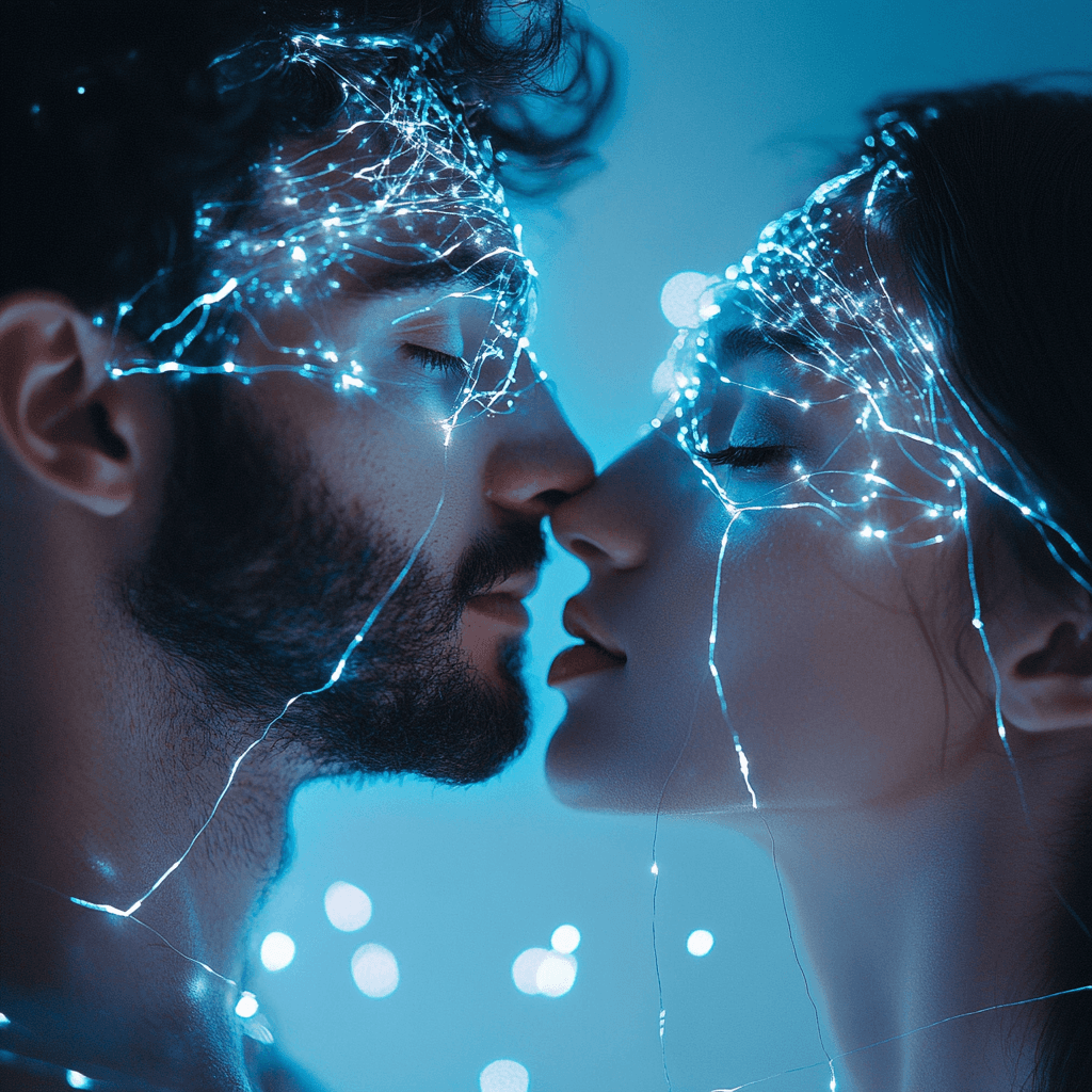 A close-up of a couple with glowing blue lines connecting their faces, symbolizing connection.