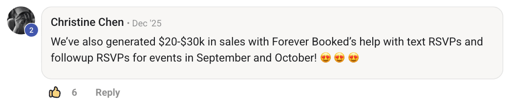 Forever Booked results generating $20K–$30K in event sales for Little Laser Clinic through text and followup RSVPs in September and October