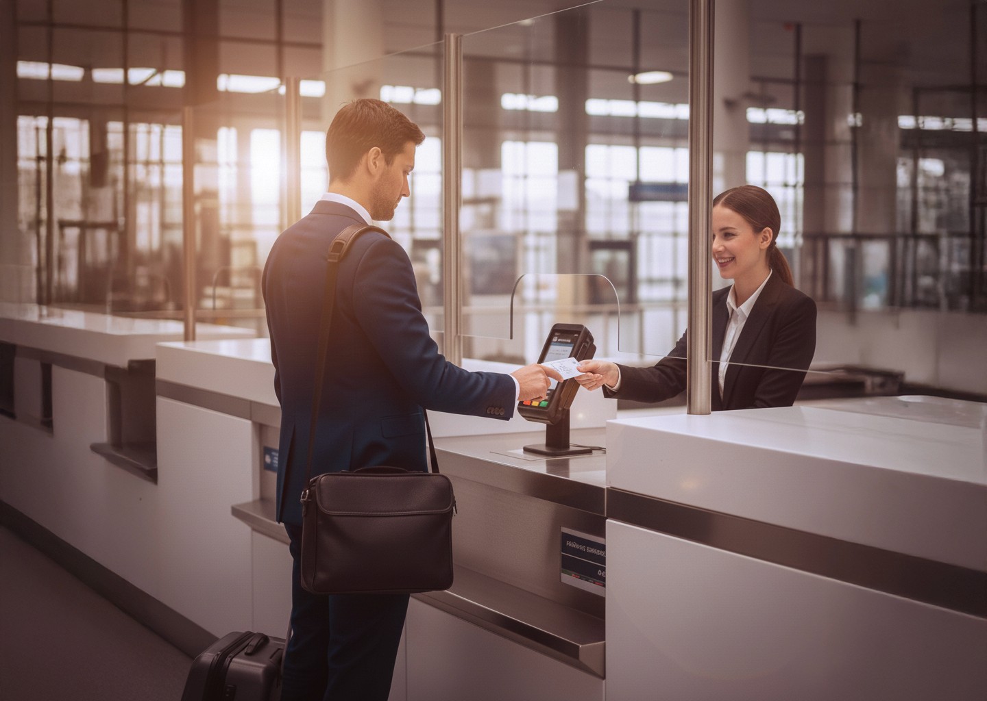 Un lavoratore con il suo trolley ha appena acquistato un biglietto del treno in modo tracciabile e la cassiera gli sta porgendo il documento di viaggio