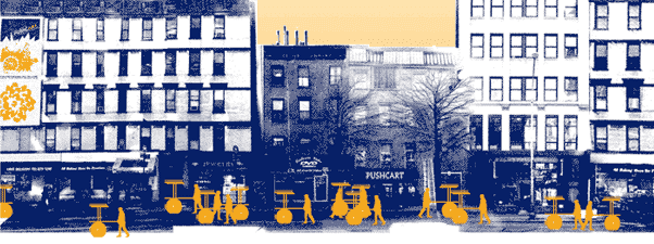 abstract rendering of buildings and pedestrians