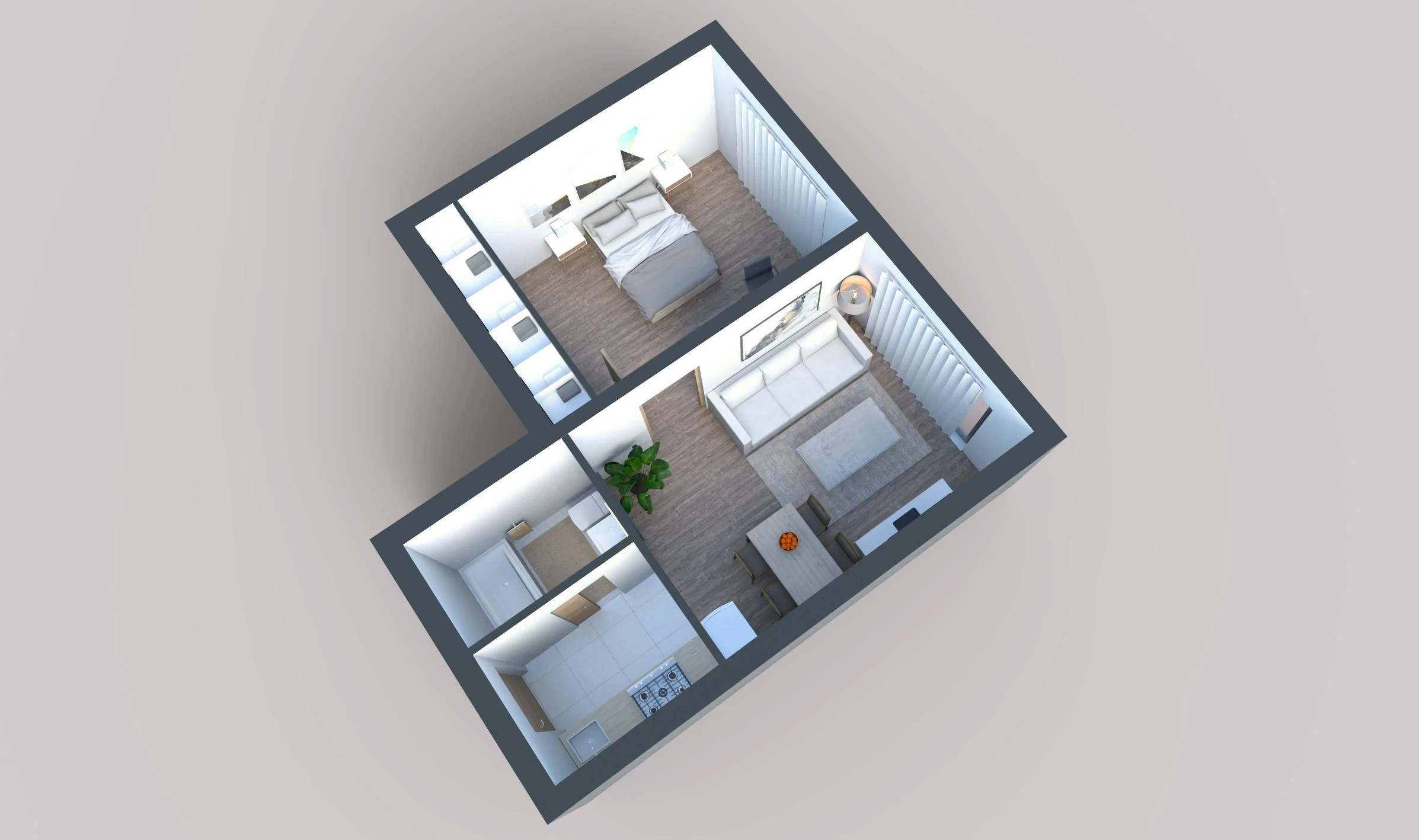 3D view of a modern one-bedroom apartment showing furniture layout, including living room, bedroom, kitchen, and bathroom.