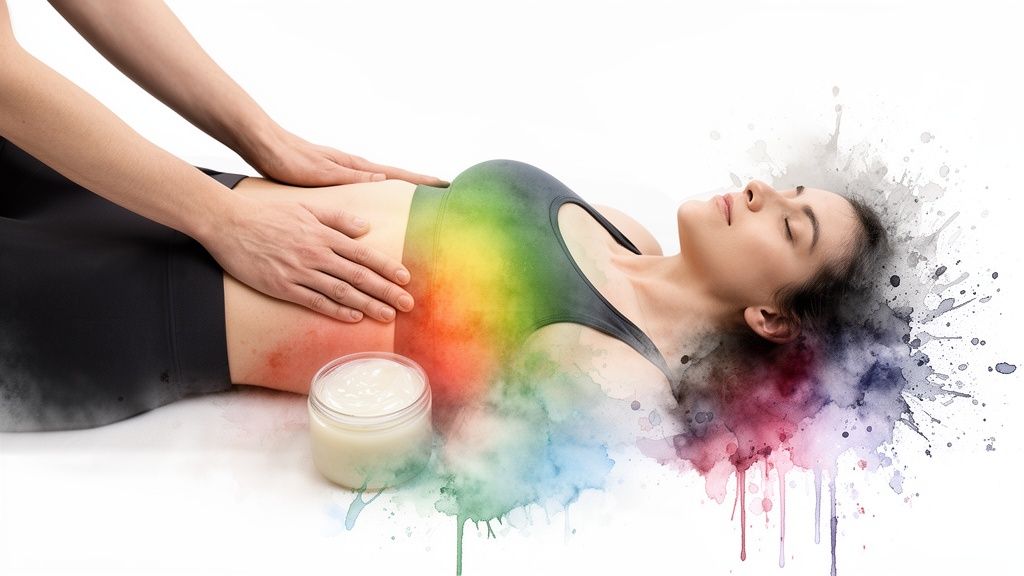 Mujer relajada recibiendo un masaje abdominal con crema, rodeada de efectos de color y bienestar.