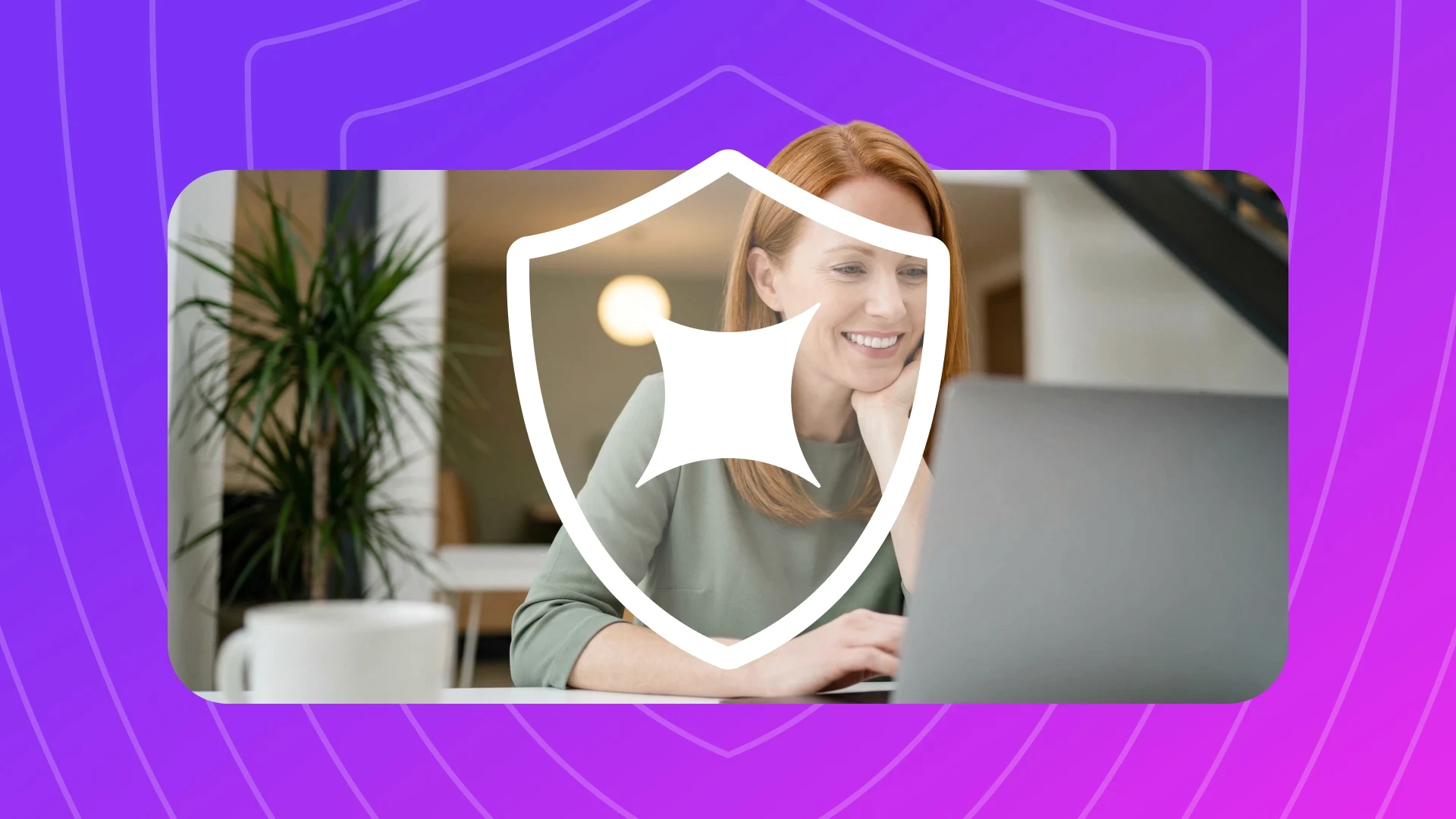 A smiling professional working securely on a laptop, overlaid with a white shield containing the HENNGE logo icon. Illustrates how MSPs can restore structure to a growing SaaS ecosystem and provide a secure, managed environment for SMB clients.