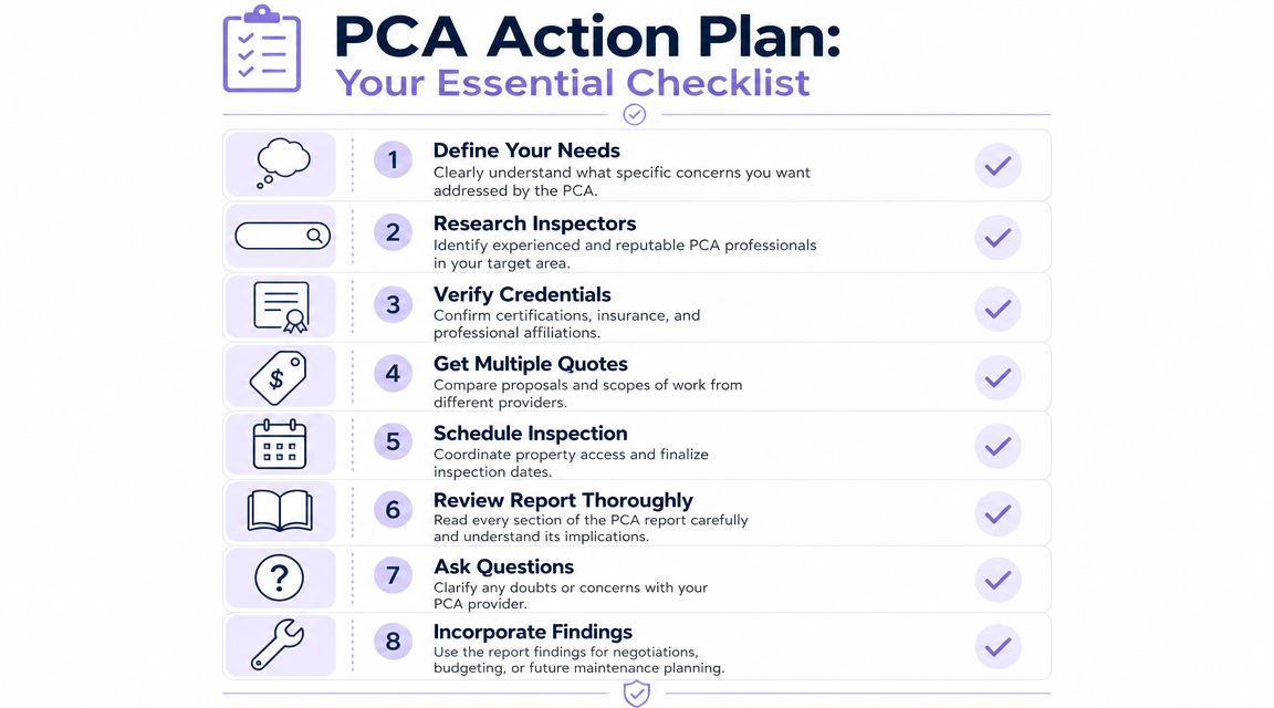 A checklist infographic titled PCA Action Plan outlining eight essential steps for a property condition assessment.