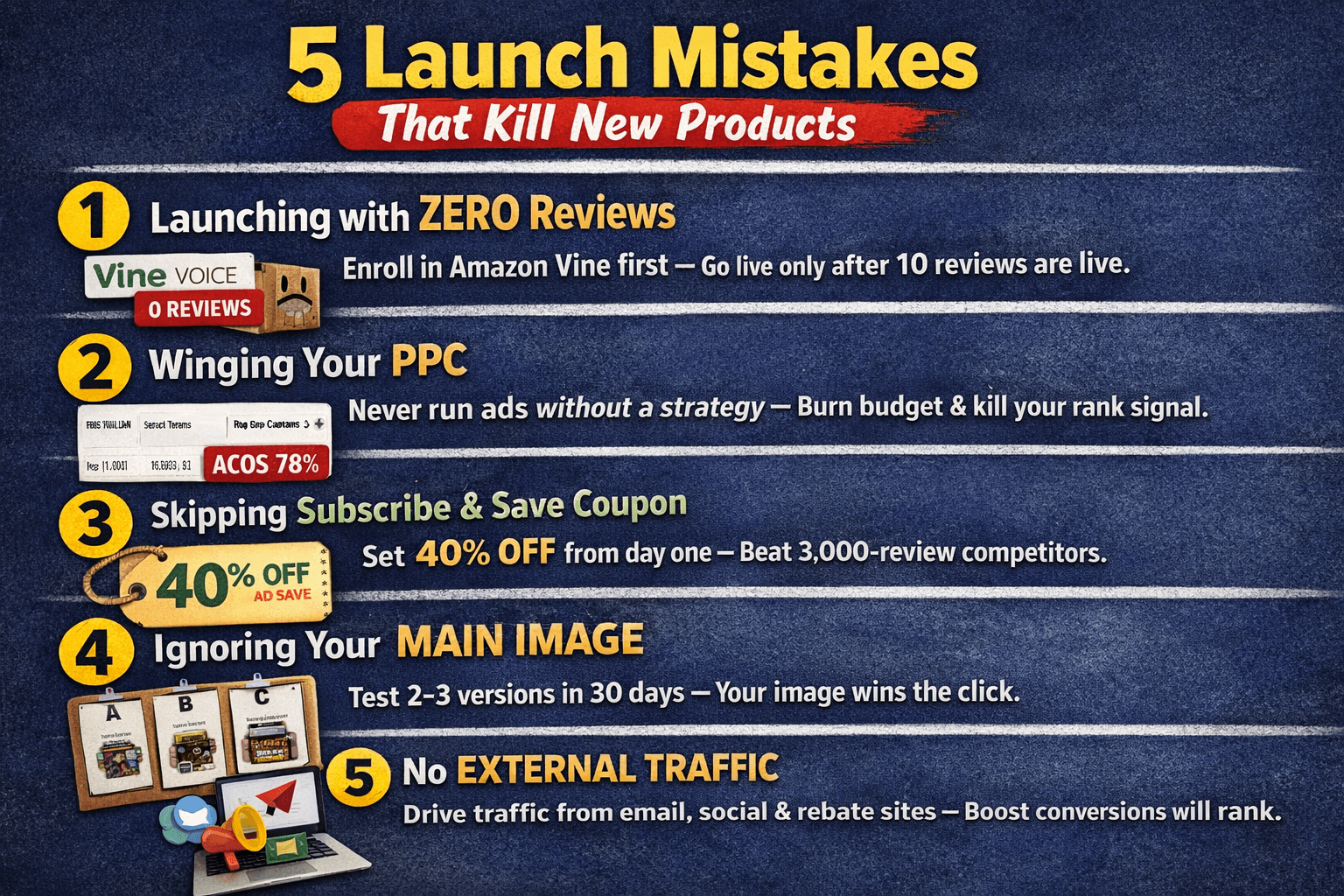 Amazon product launch mistakes PPC reviews coupons image traffic