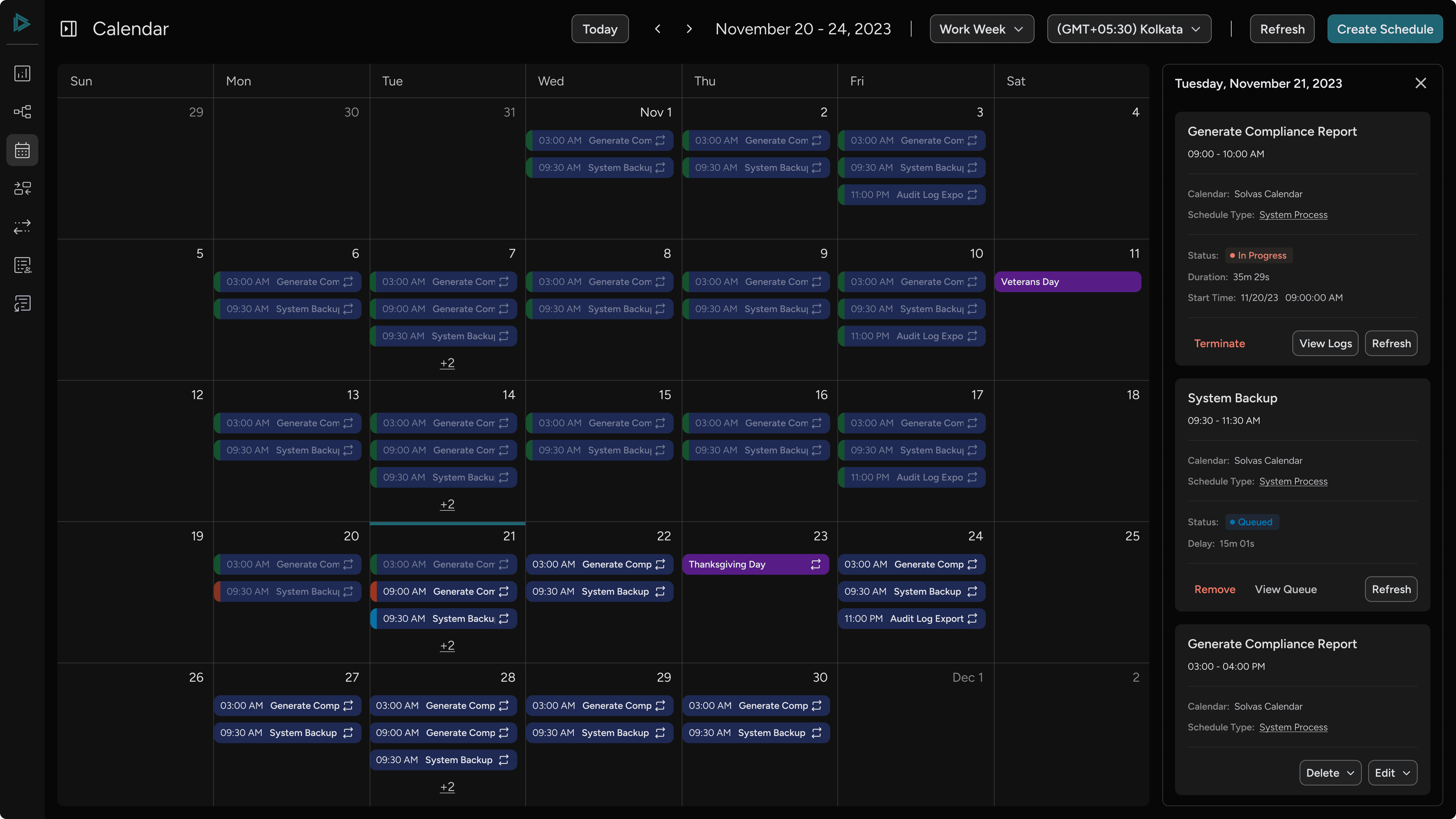 Calendar month view showing scheduled processes with statuses and a side panel displaying processes for a particular day