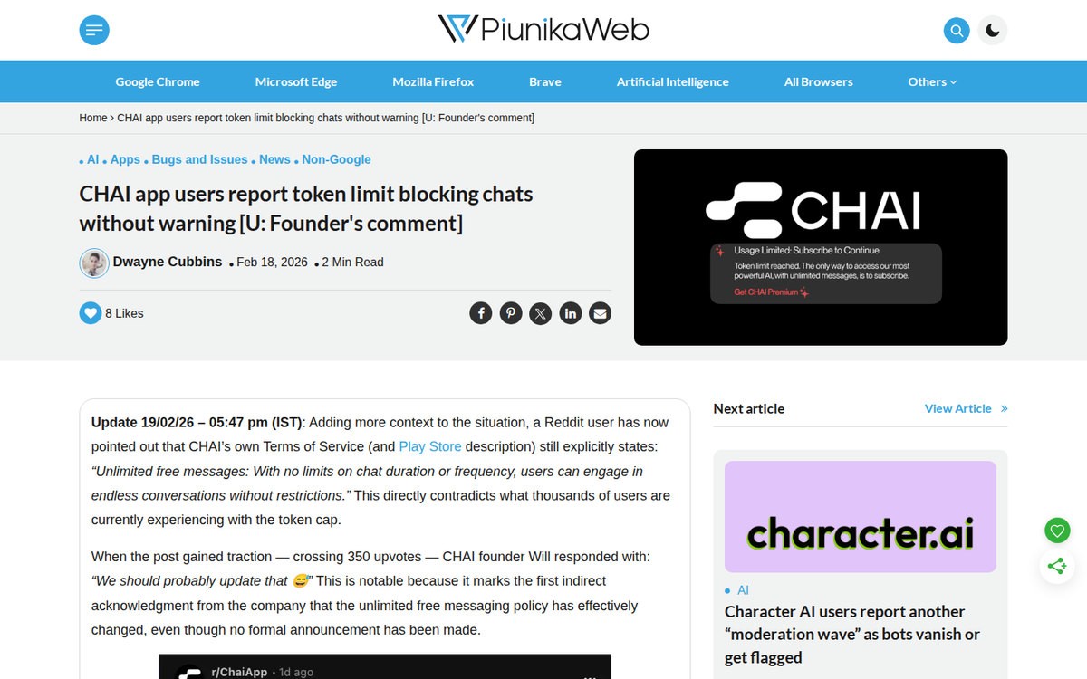 PiunikaWeb’s 18 February 2026 report on Chai’s unannounced token limits, as displayed in September 2026.