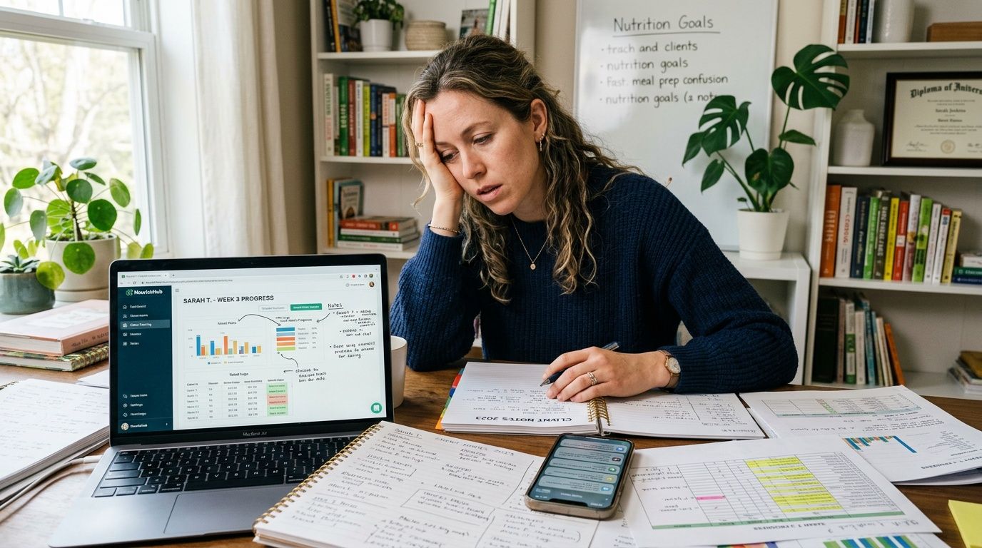 A stressed female nutrition coach working on client progress reports and data analysis at her home desk.