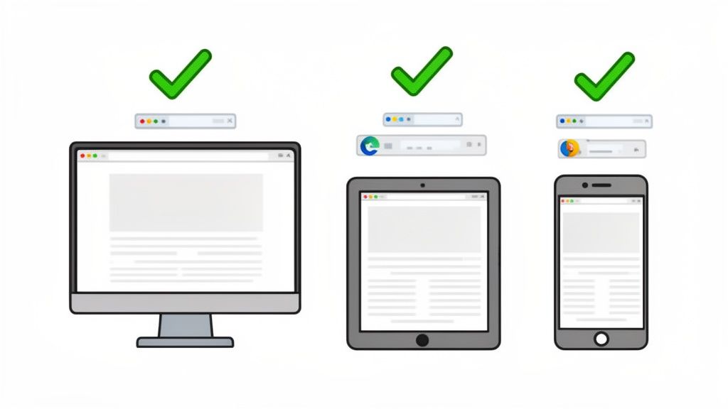 A responsive website displayed correctly on a desktop monitor, tablet, and smartphone browsers.