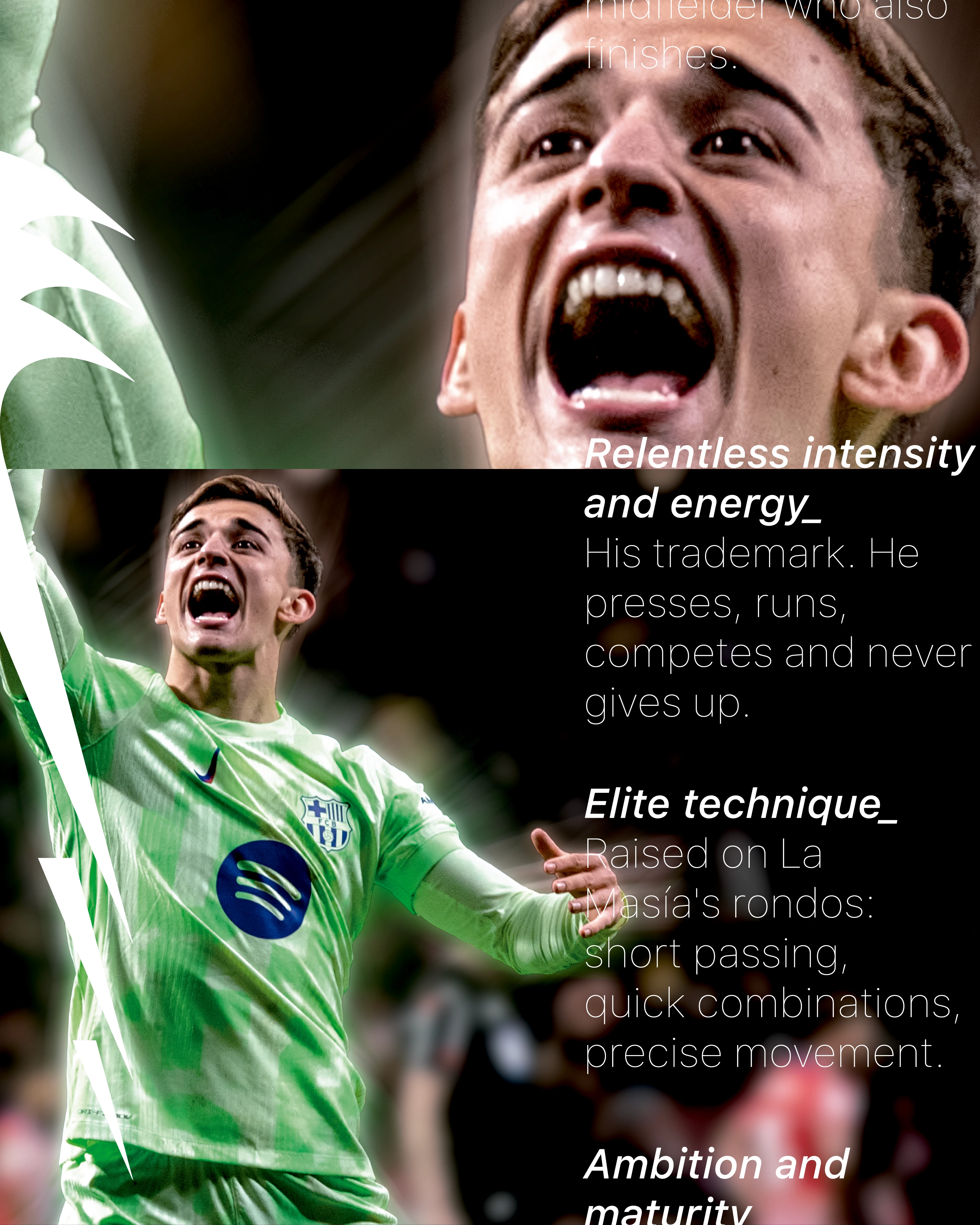 Close-up of Gavi shouting in a green kit, with typographic text on his attributes, campaign design by Sebastian Saavedra