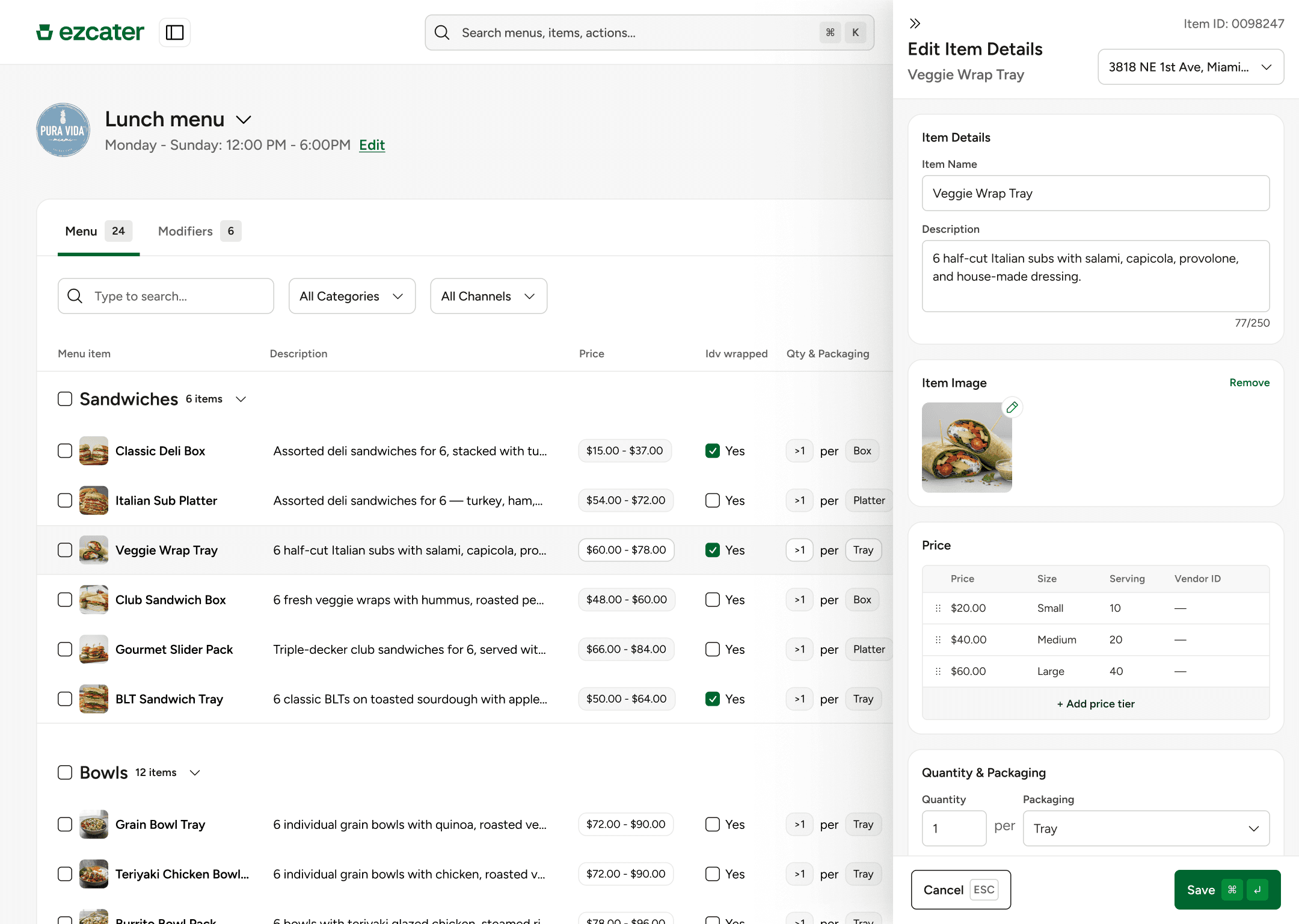 Menu table view with the edit item side sheet opened.