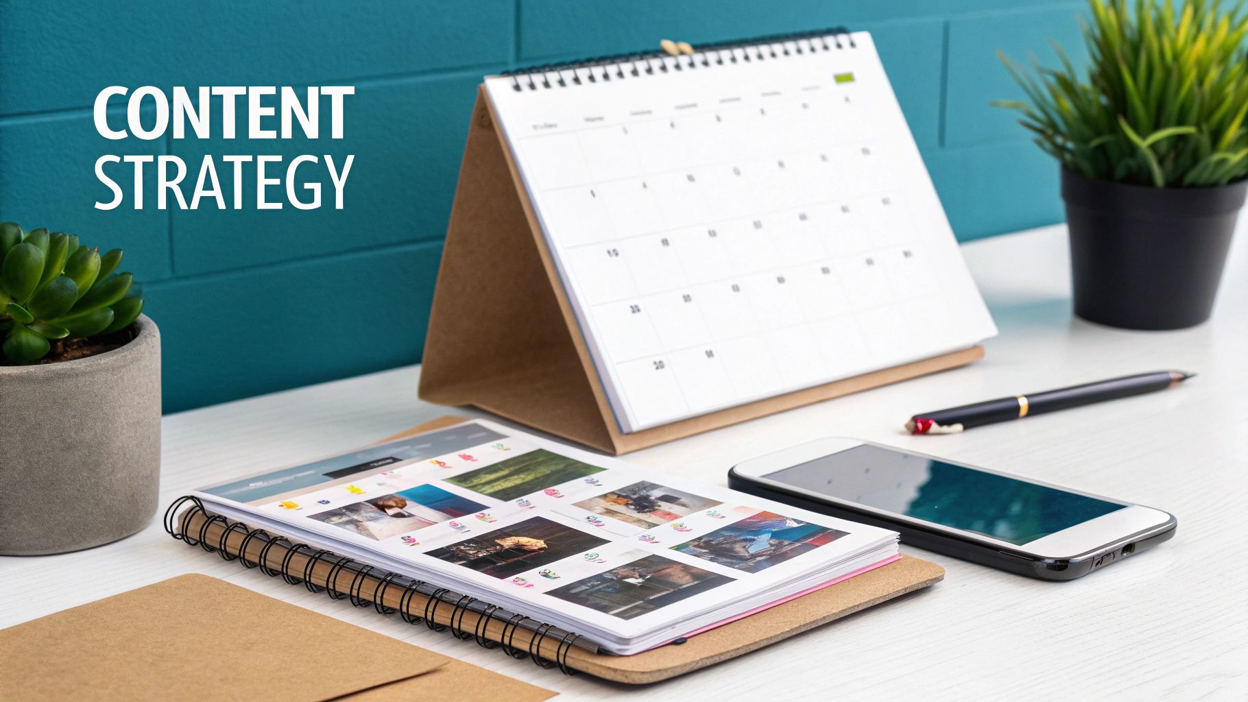 Content strategy planning desk with calendar, notebook with images, smartphone and pen on white surface