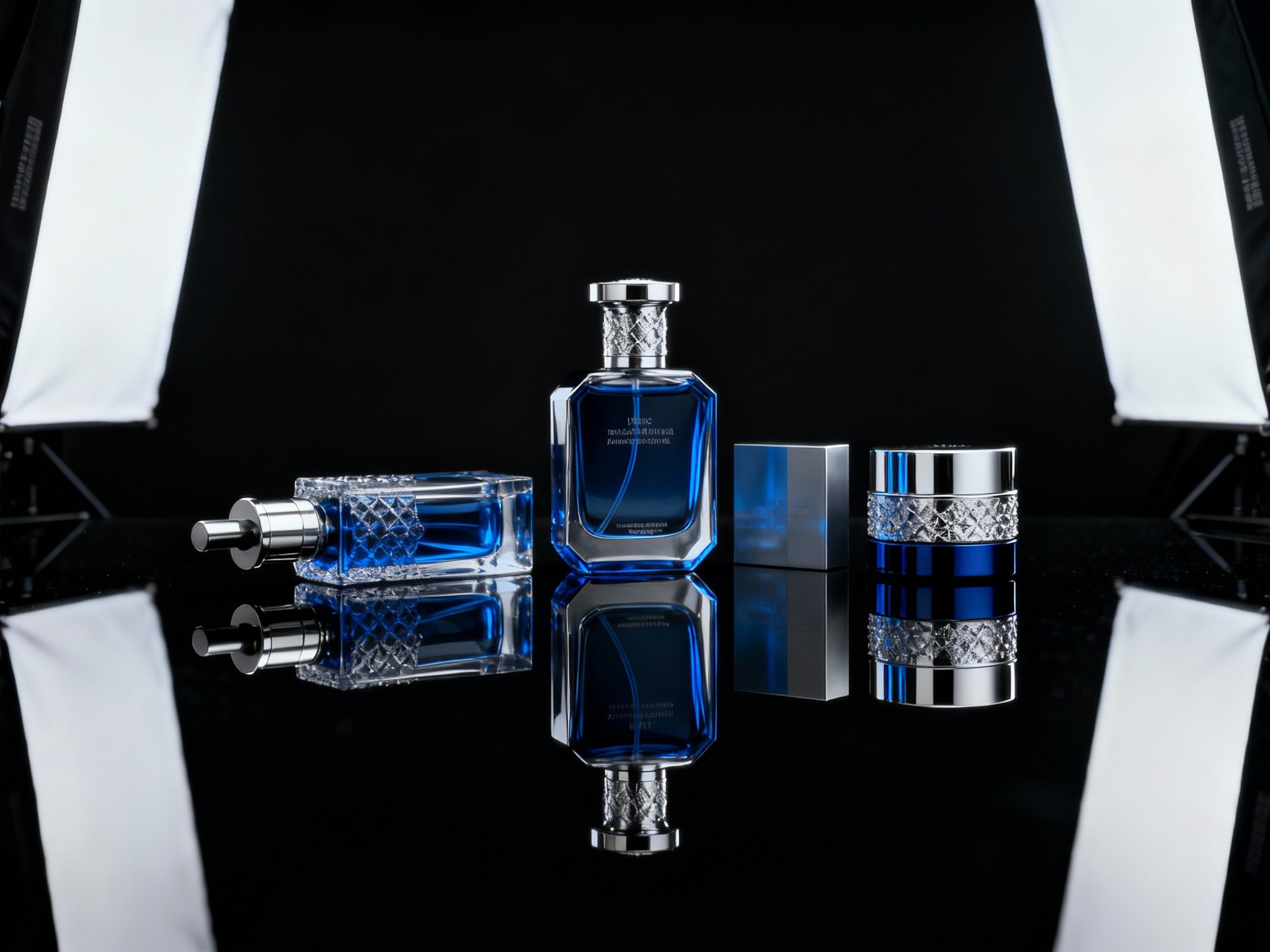 A meticulously staged wide landscape studio shot of an elegant product arrangement on a reflective