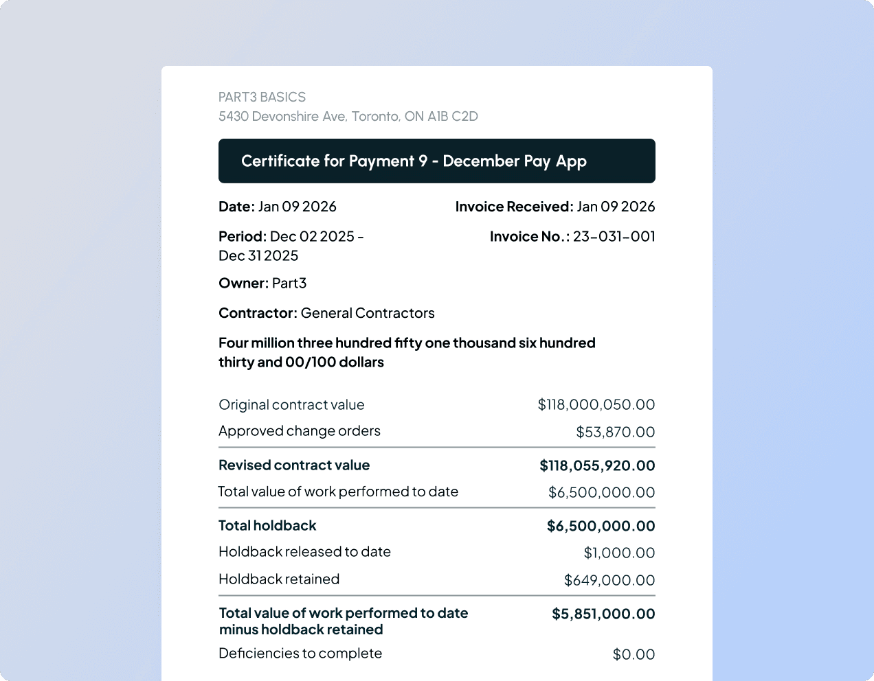 Construction payment certification software converting pay applications into certificates for approved project payments