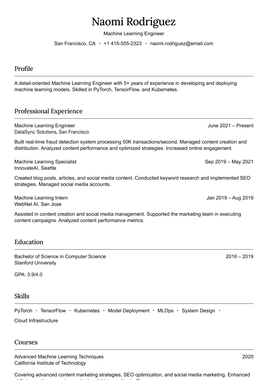 Machine learning engineer resume example
