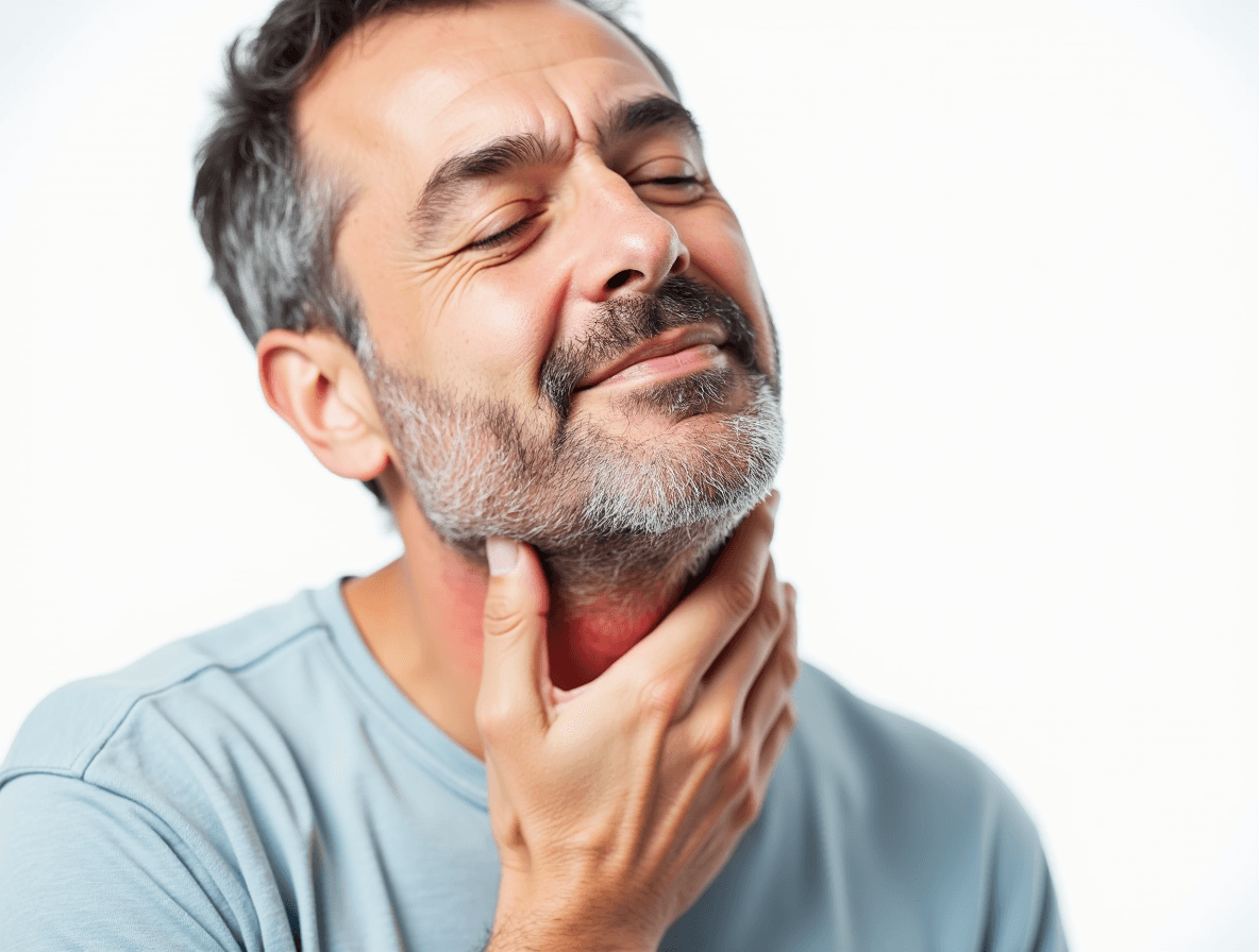 A male experience discomfort depicted using a neon glowing thyroid area