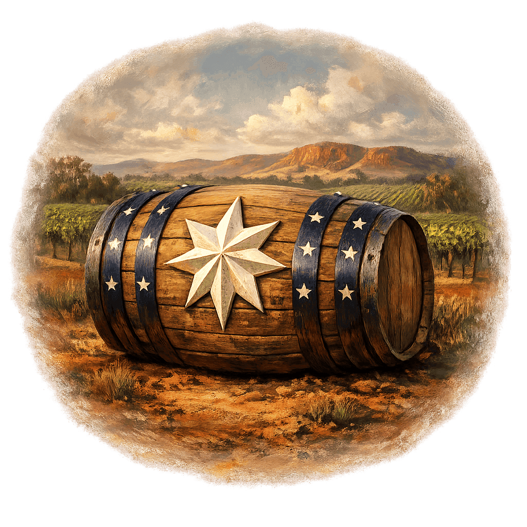 Wine barrel featuring the Australia national emblem for regional wine education.