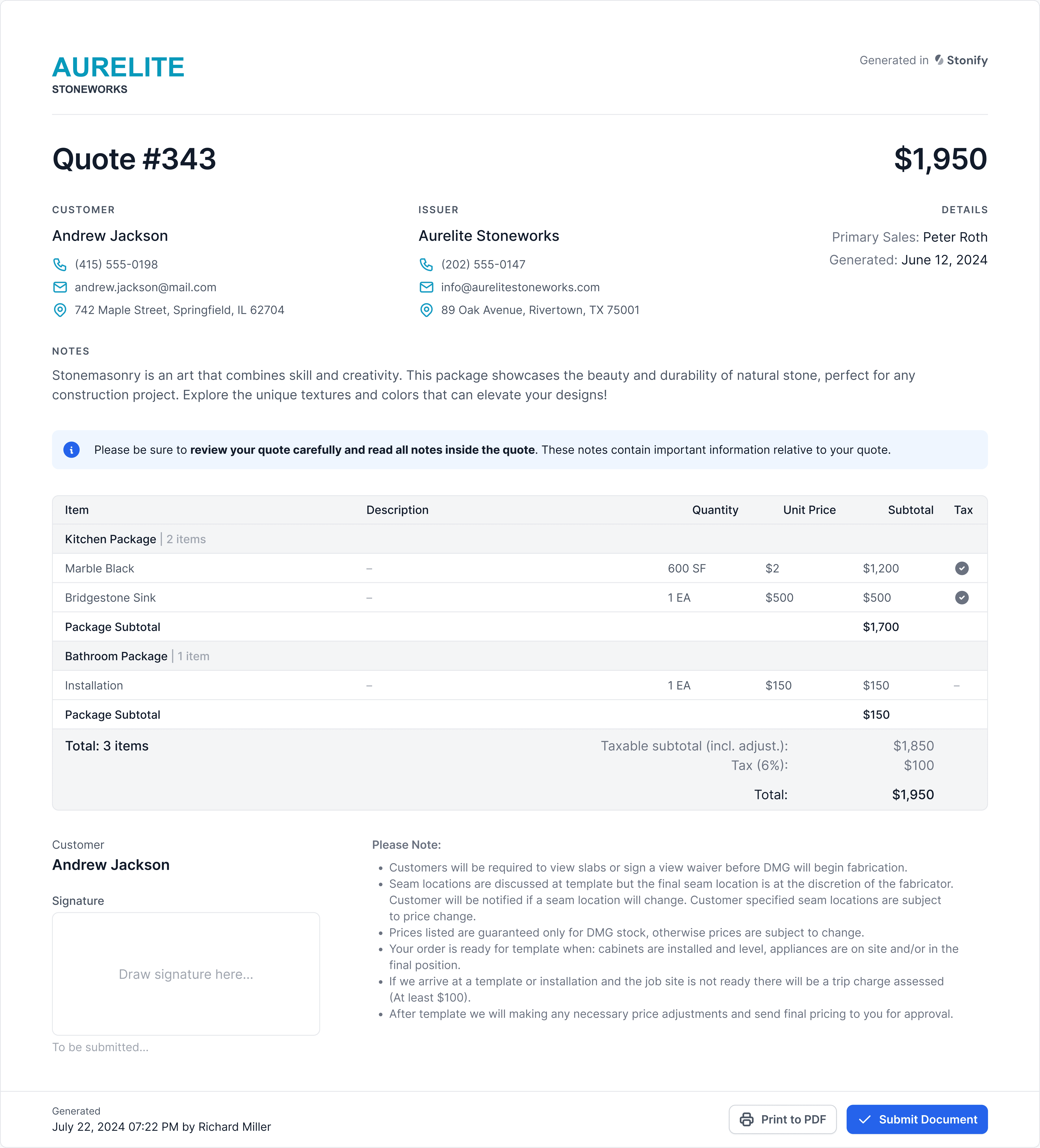 Digital stone fabrication quote generated in Stonify, showing customer details, line items, and total price without printing or email chains.
