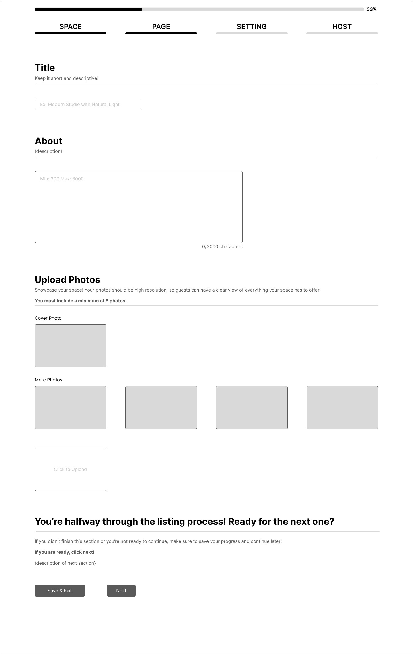 List Your Space Wireframe - My Dao Designer Portfolio
