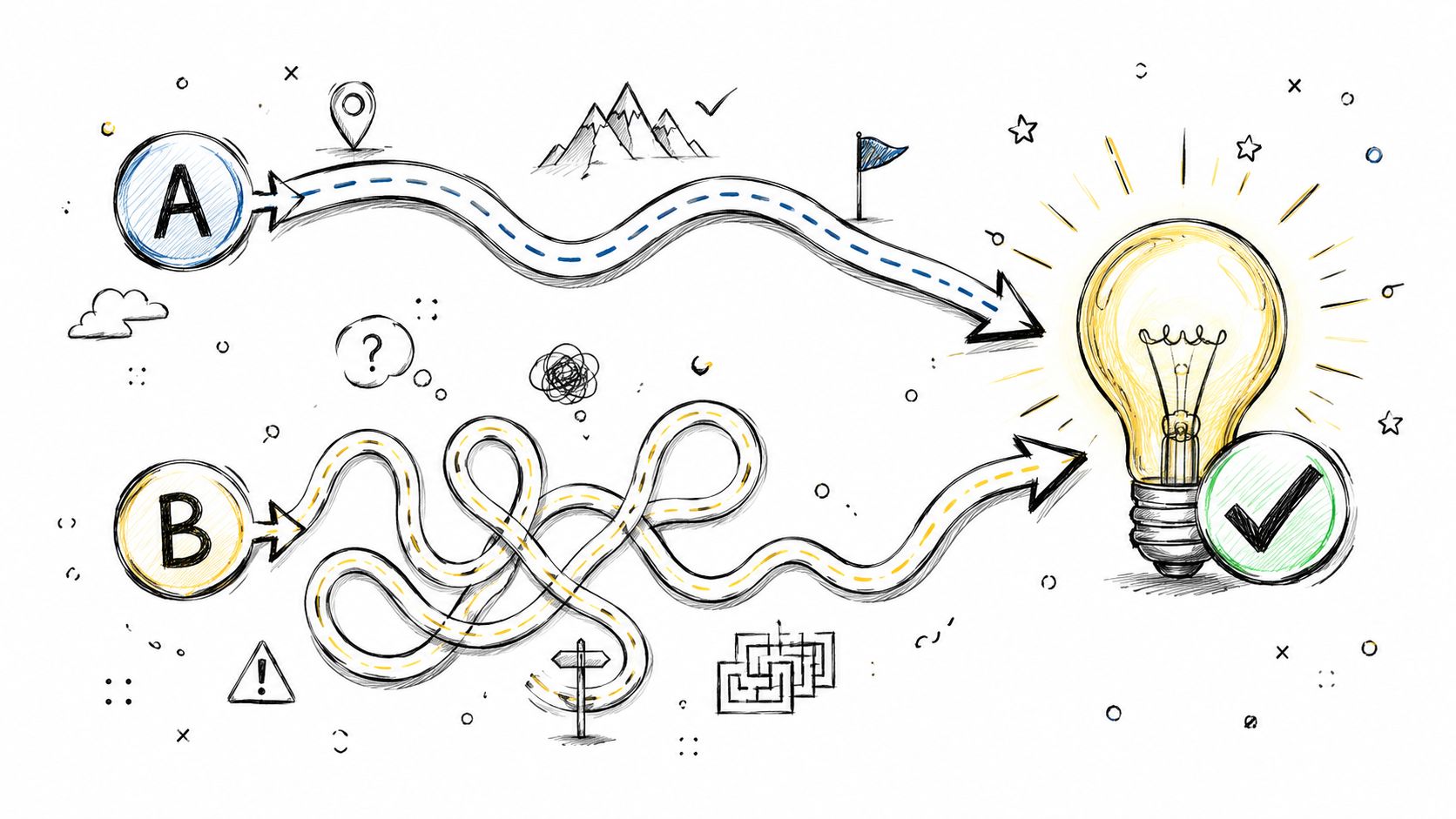 A hand-drawn illustration showing a direct path from A and a complex path from B to a lightbulb.