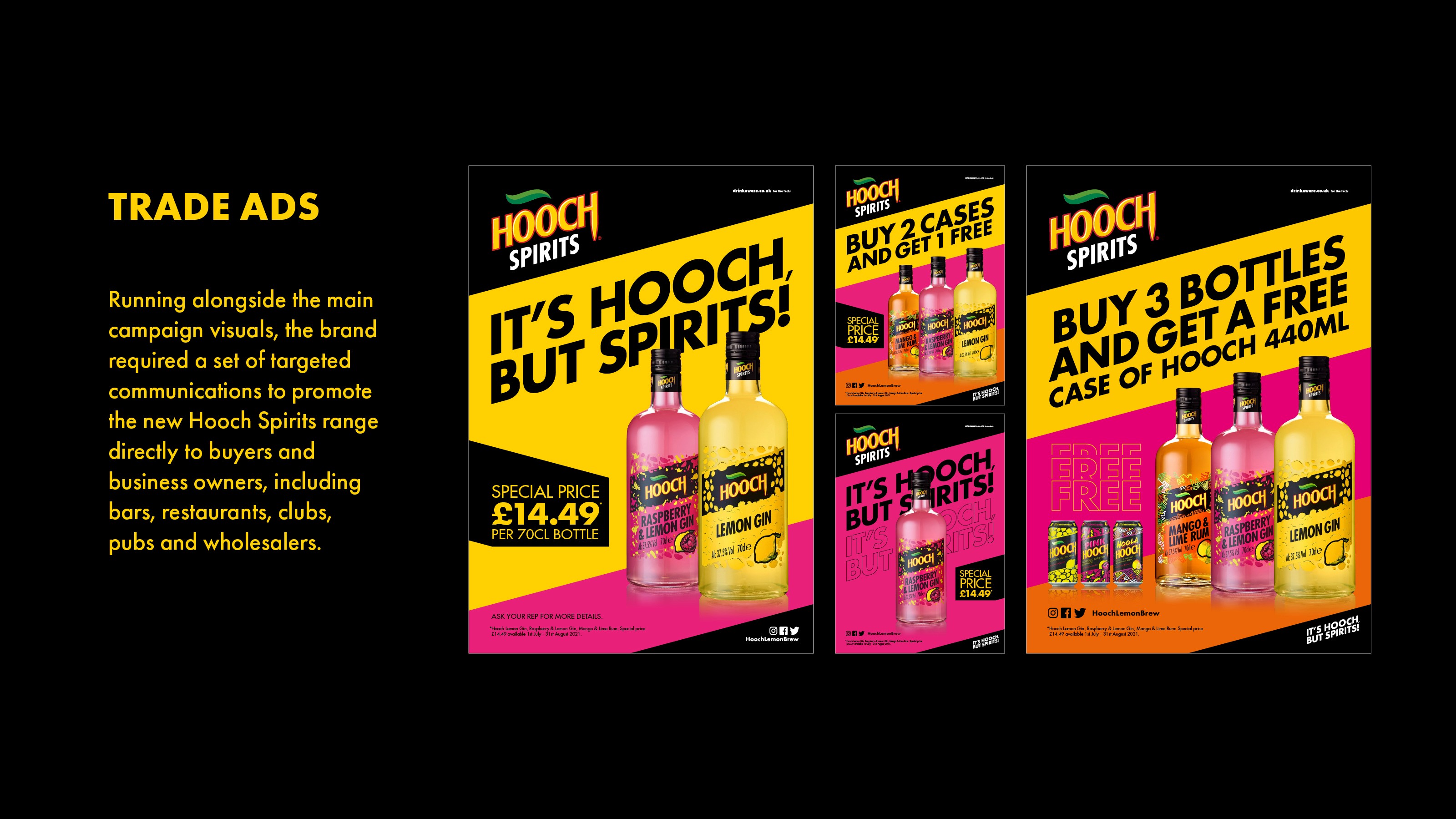 Trade advertising layout for Hooch Spirits highlighting ready-to-drink cans and brand messaging.