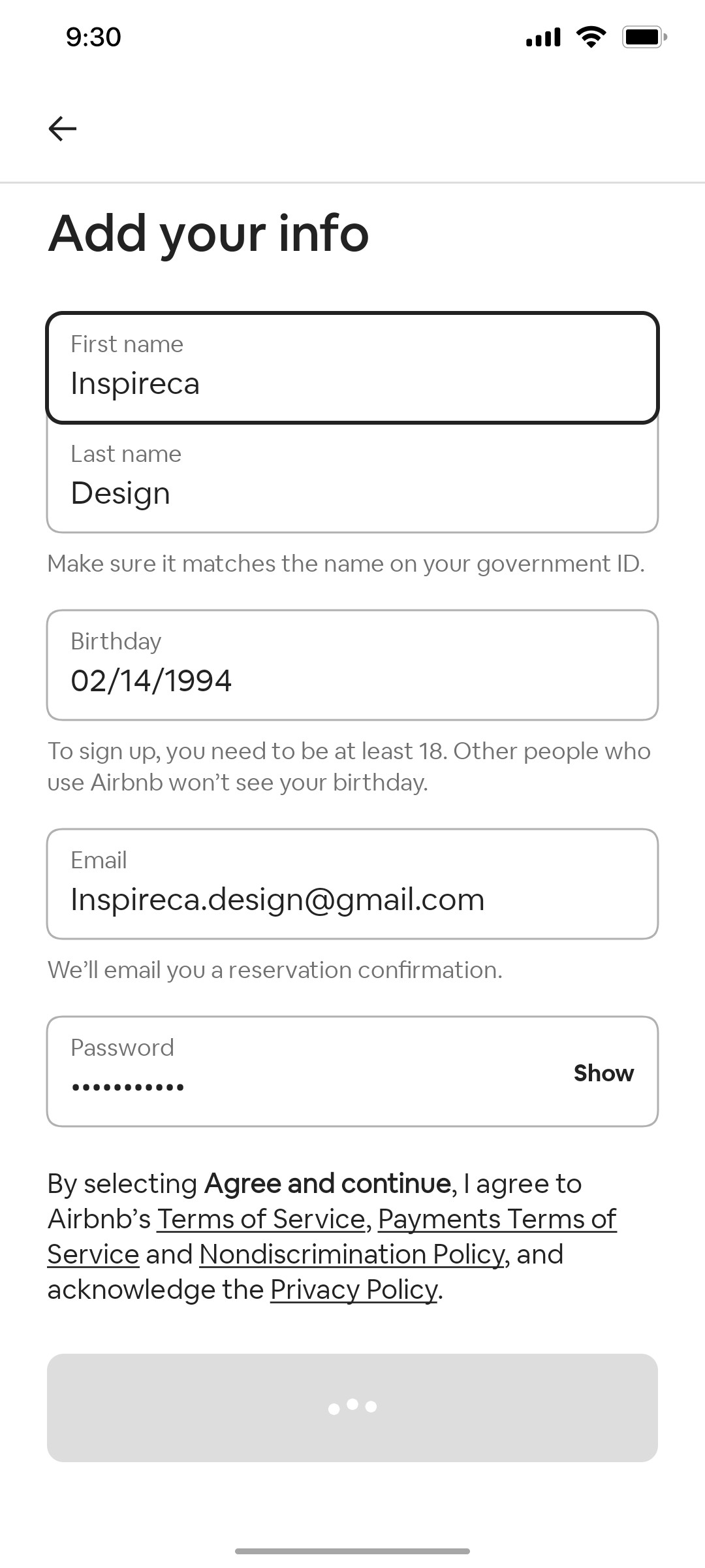 Airbnb Onboarding Signup Continue screen