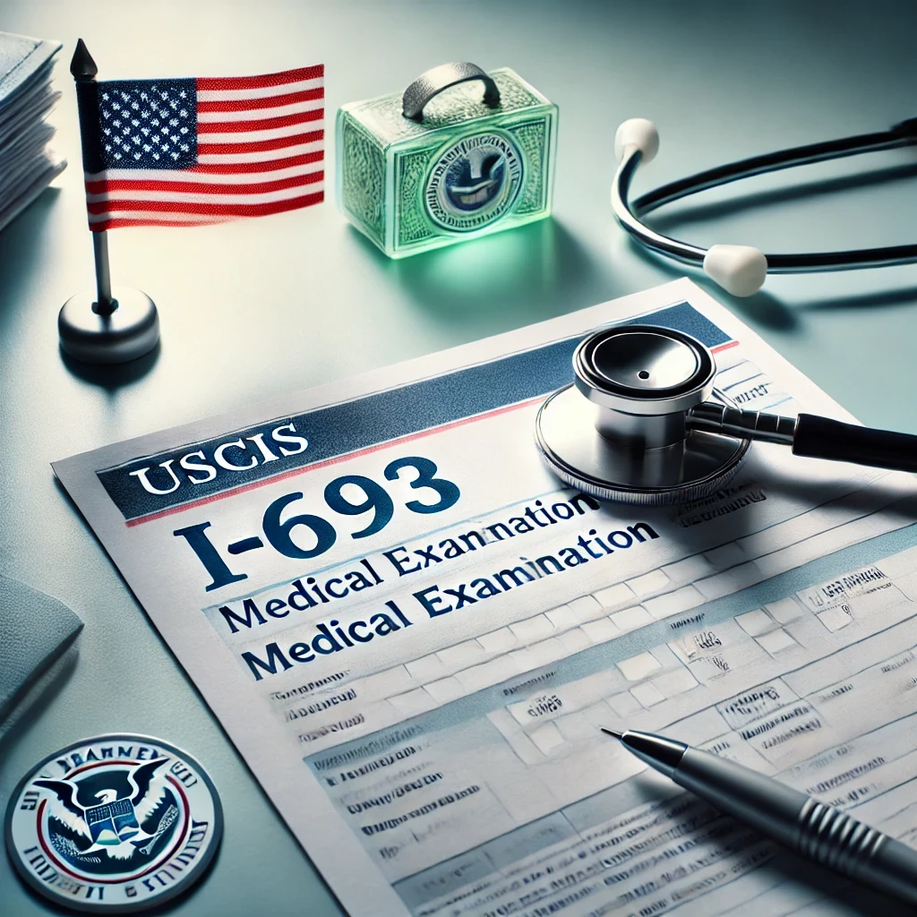Close-up of a medical professional completing examination paperwork with a stethoscope, representing the USCIS I-693 medical examination for immigration.