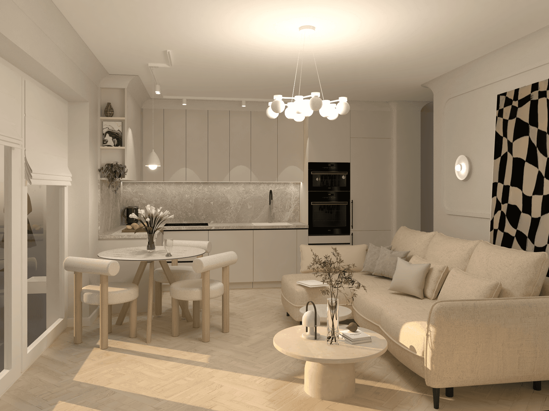 Projekt wnętrza apartamentu typu studio z otwartą kuchnią i salonem, z widocznym okrągłym stołem jadalnianym i sofą.