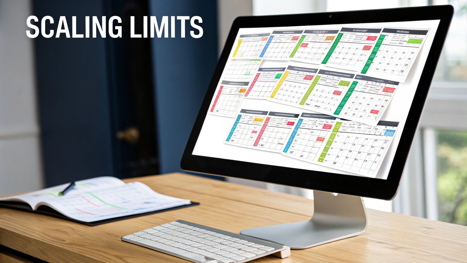 Computer monitor displaying colorful calendar charts, keyboard, and notebook on a wooden desk, 'SCALING LIMITS' text.
