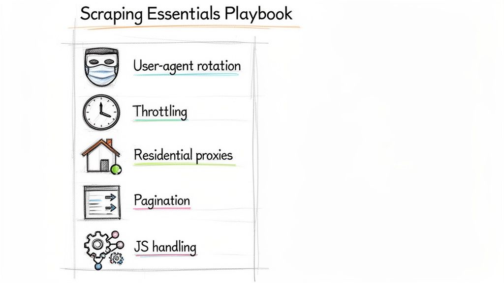 Illustration outlining five essential web scraping techniques: user-agent rotation, throttling, residential proxies, pagination, and JS handling.