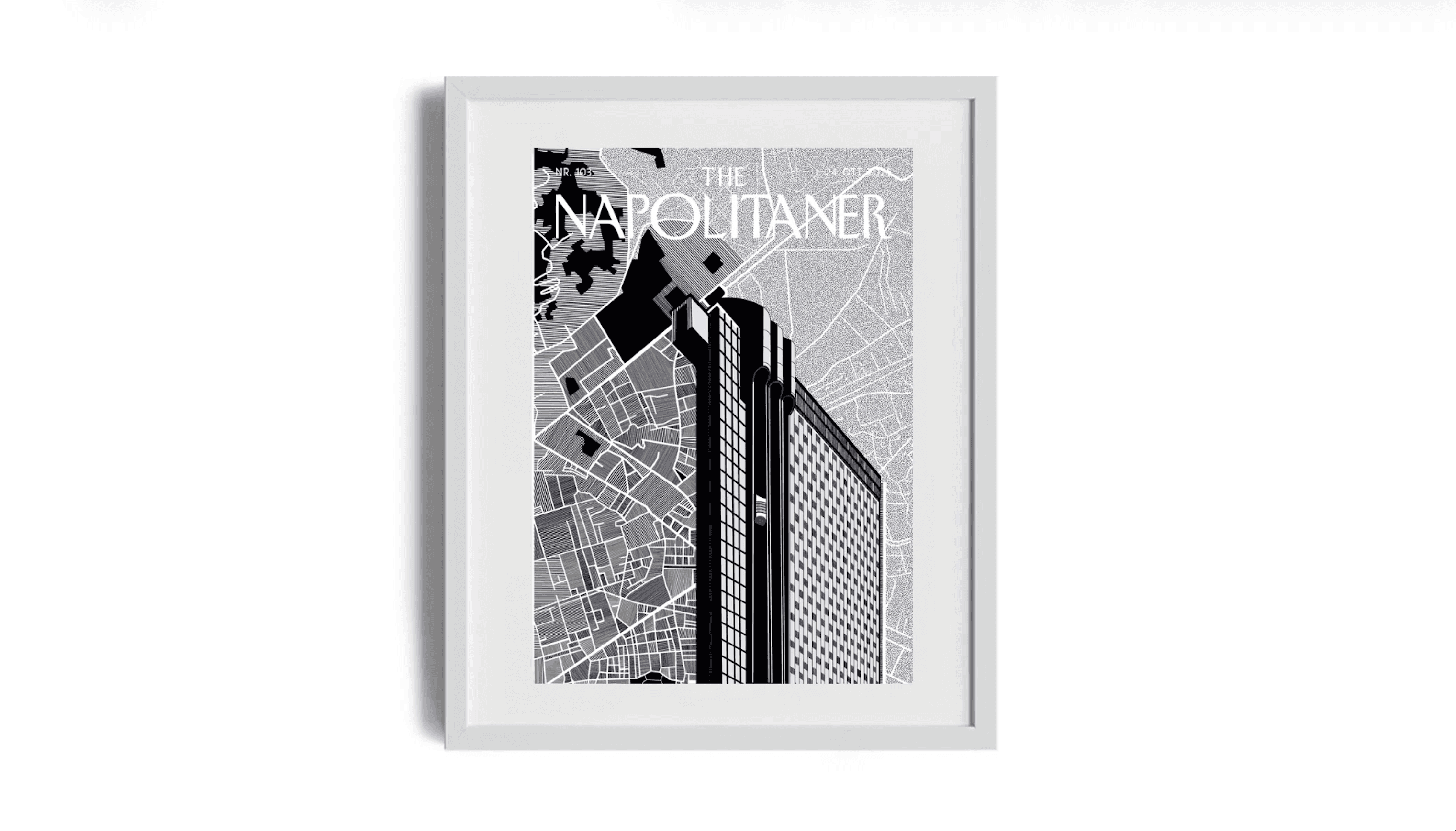 Geometric digital artwork representing Torre Enel in Naples, printed and framed