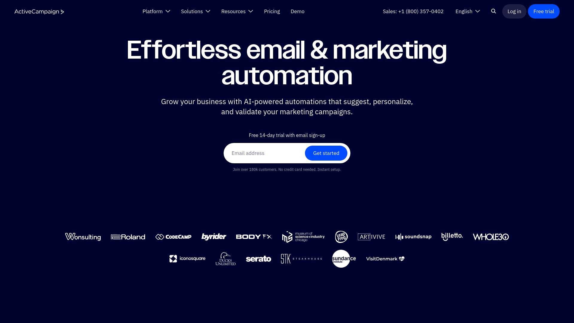 ActiveCampaign homepage featuring 'Effortless email & marketing automation' headline, email signup form for free trial, and customer logos including Roland, BodyFx, and Whole30