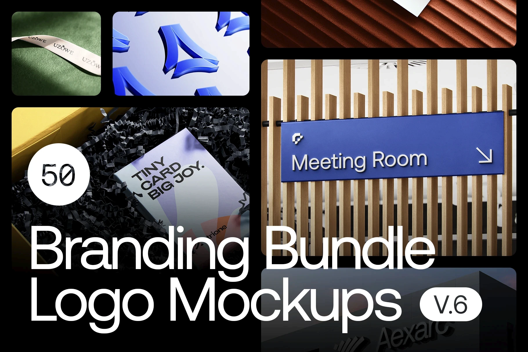 Cover of 50 Logo Mockup Branding Bundle – V6, featuring various logo mockups.